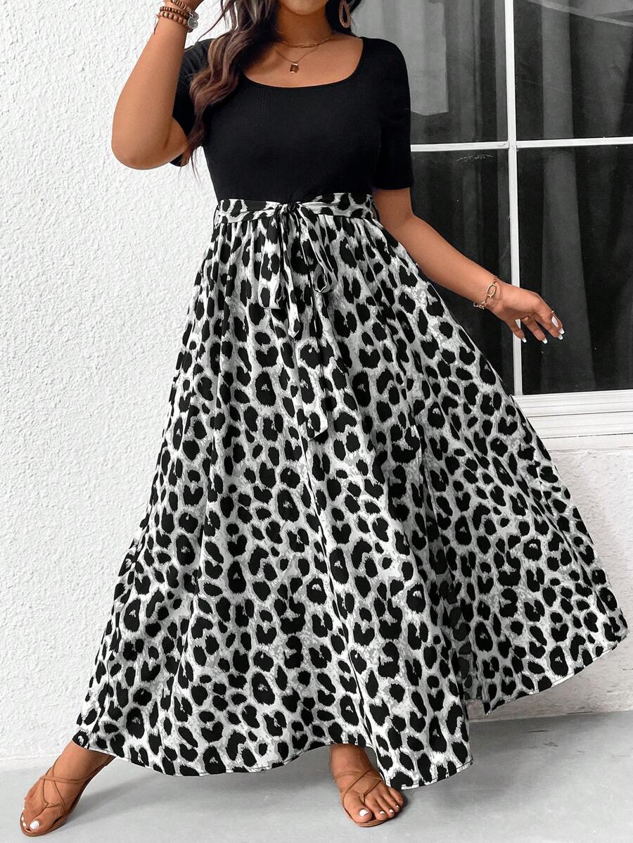 SHEIN Frenchy Váy Boho trơn màu họa tiết da báo chắp vá đơn giản hàng ngày tay ngắn cỡ lớn cho nữ Váy thu, cho mùa hè - Xám - Xem 1