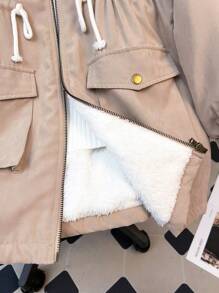Abrigo medio holgado y cómodo de color beige para niña preadolescente, con capucha forrada y peludo cuello con bolsillos, abrigado para otoño e invierno