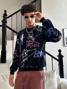 Manfinity Roghcode Men's Letter & Graphic Print Crew Neck Long Sleeve Sweater - Multicolor - View 7