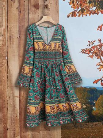 EMERY ROSE Plus Size V-Neck Allover Print Country  Casual Long Sleeve Fall Women Clothes Dress