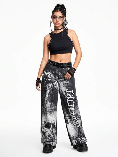 Grunge Punk Music Festival Casual Punk Skull & Star Graphic Loose Straight Leg Women Jeans