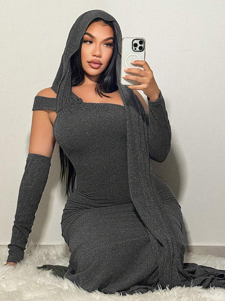 SHEIN SXY Gray Ribbon Tie Up Long Sleeve Knitted Dress, Autumn
