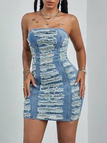 SHEIN ICON Váy ống denim xẻ tà gợi cảm ôm sát, chắp vá viền thô mùa hè cho nữ - Rửa trung bình - Xem 5