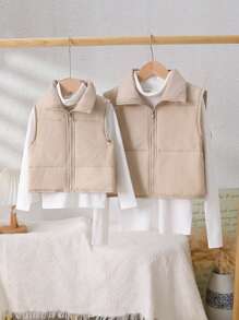 2 peças de colete acolchoado sem gola damasco para meninas e blusas brancas de manga comprida com gola alta, roupas de irmãos de outono e inverno (vendidas separadamente)