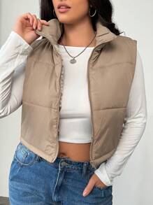 CovetEZ 加大码纯色无袖拉链加垫背心，秋季，冬季 - 卡其色 - 查看 7