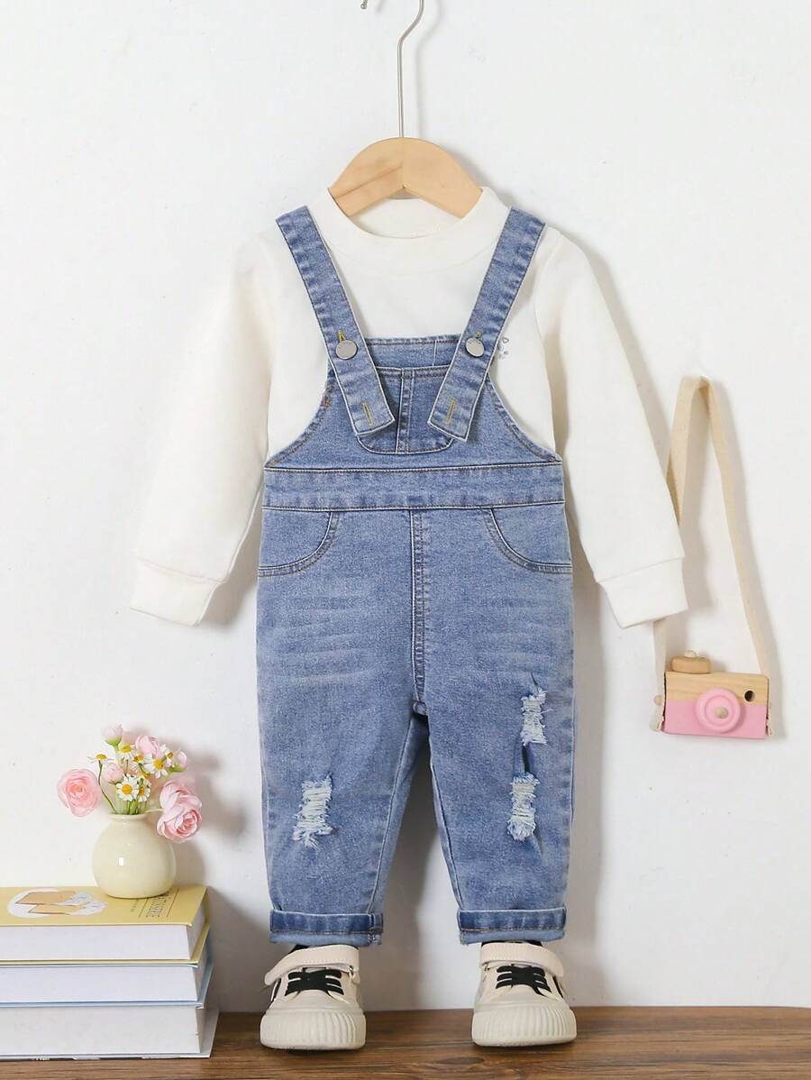 Peto vaquero elástico para bebé niña, pantalones de peto casual, suave ropa de calle con tirantes, liviano para todas las estaciones - Azul lavado medio - Ver 1