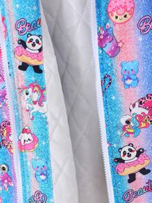 SHEIN Girls Casual Fashion Hooded Fur Collar Long Sleeve Mid-Length Loose Cartoon Gradient Print Thickened Warm Autumn Winter Jacket