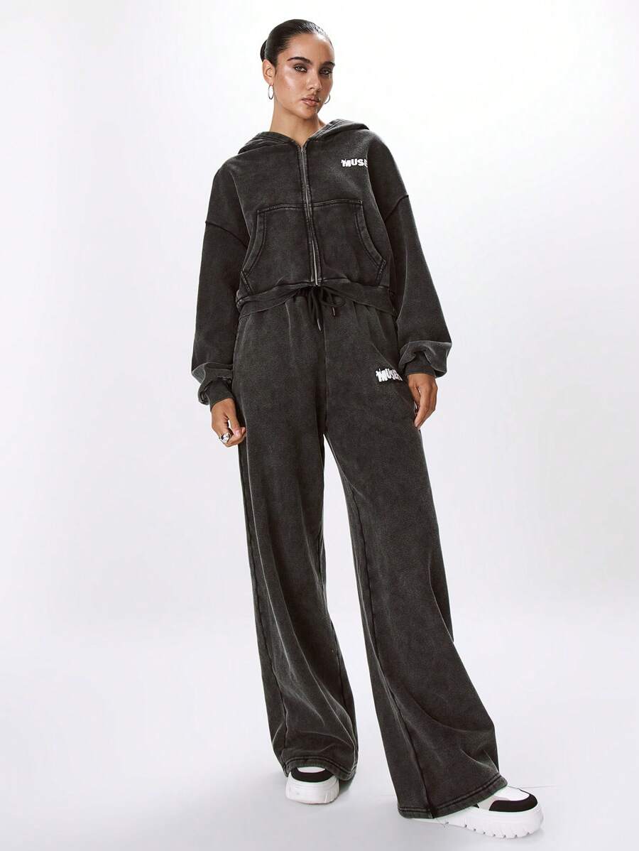 MUSERA Washed Wide Leg Sweatpants Vacation Sexy Winter Casual - Black - View 1