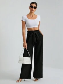 SHEIN Tall Quần cạp đen họa tiết túi giấy trơn màu cho nữ - màu đen - Xem 5