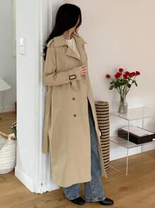 DAZY Women Business Casual Solid Color Double-Breasted Trench Coat,Fall Women Clothes