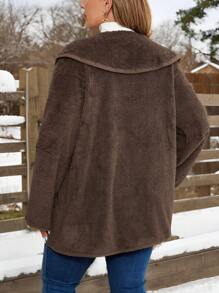 EMERY ROSE 大码长袖正面纽扣蓬松休闲羊毛大衣 - 棕色 - 查看 2