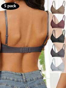 5 件/套女士纯色罗纹休闲无缝胸罩 - 彩色 - 查看 2