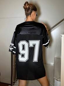 SHEIN ICON Váy thể thao nữ mùa hè Y2k cổ chữ V sâu, lưới ghép, đinh tán phủ miếng vá số, váy thể thao dáng rộng phong cách đường phố - màu đen - Xem 2