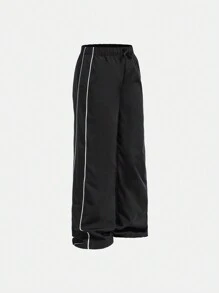 SHEIN Tween Girl  Contrast Piping Drawstring Waist Wide Leg Cargo Pants - Black - View 1