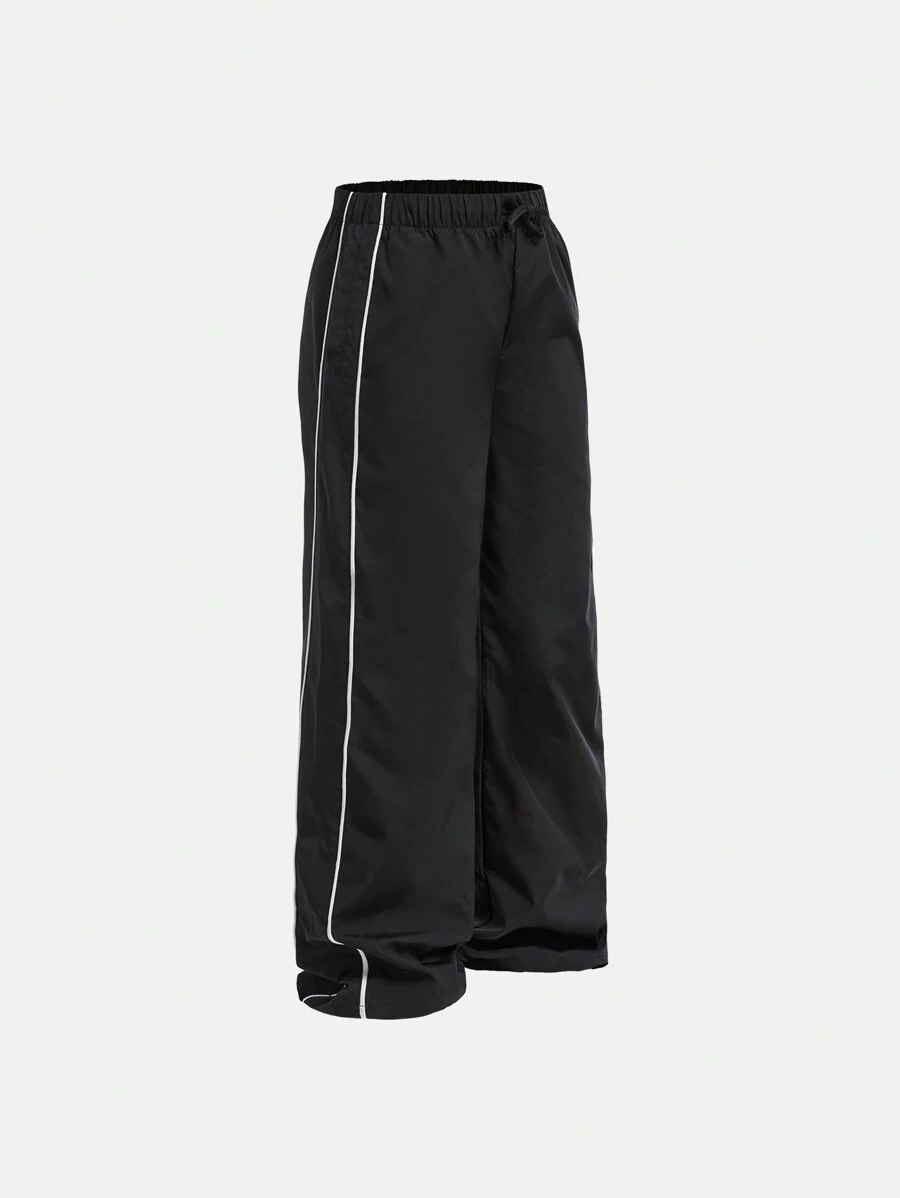 SHEIN Tween Girl  Contrast Piping Drawstring Waist Wide Leg Cargo Pants - Black - View 1