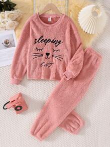 Tween Girl 粉色简约毛绒动物猫图案刺绣长袖上衣和裤子睡衣套装，舒适温暖的家居服