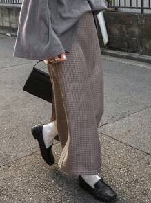 FRIFUL 女士格纹直筒厚裙，适合秋冬季 - 卡其色 - 查看 4