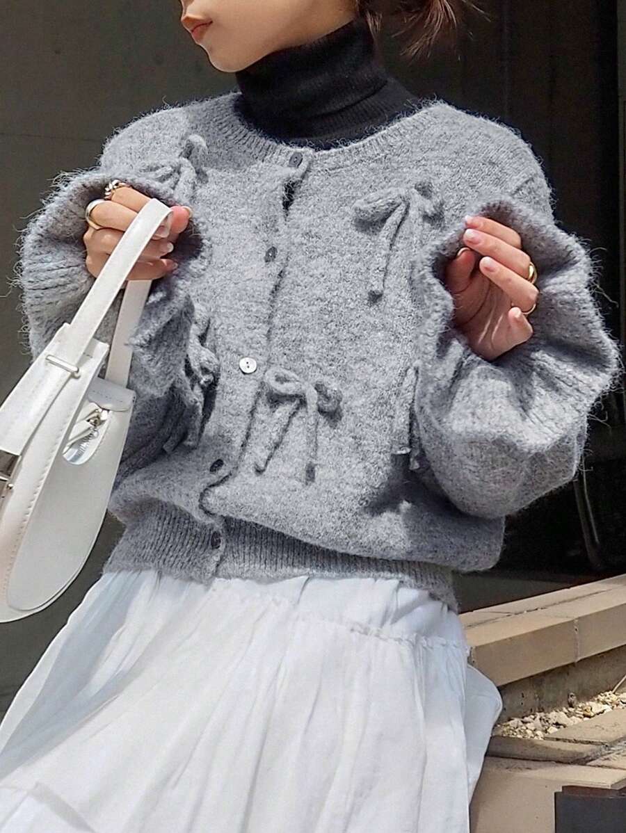 FRIFUL Women's Bow Decorated Thicken Fleece Sweater,Fall Women Clothes,Winter