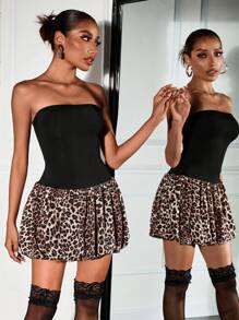 SHEIN SXY Sexy Elegant Leopard Print Patchwork Corset Ruffle Mini Dress For Ladies - Multicolor - View 4