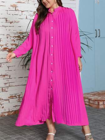Plus Solid Button Front Batwing Sleeve Pleated Dress