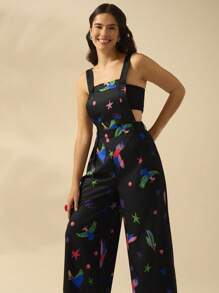 CAJUNI Women's Holiday Vacation Casual Bohemian Tropical Bird Print Black Jumpsuit For Summer