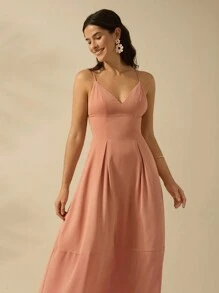 CAJUNI 女式 V 领肉粉色细肩带中长连衣裙，假日休闲海滩夏装 - 淺粉色 - 查看 7