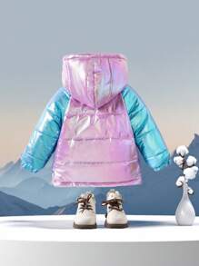 Baby Girls' Color Block Hooded Padded Coat, Simple Daily Style - Purple - View 2
