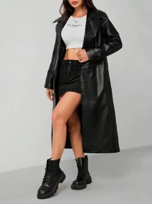 SHEIN PETITE Women's PU Trench Coat Long Coat In Fall/Winter - Black - View 5