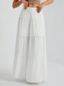 SHEIN Tall White Woven Women's Large Hem White Lining Skirt, Suitable For Vacation And Going Out