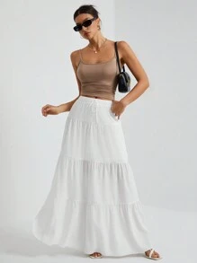 SHEIN Tall White Woven Women's Large Hem White Lining Skirt, Suitable For Vacation And Going Out
