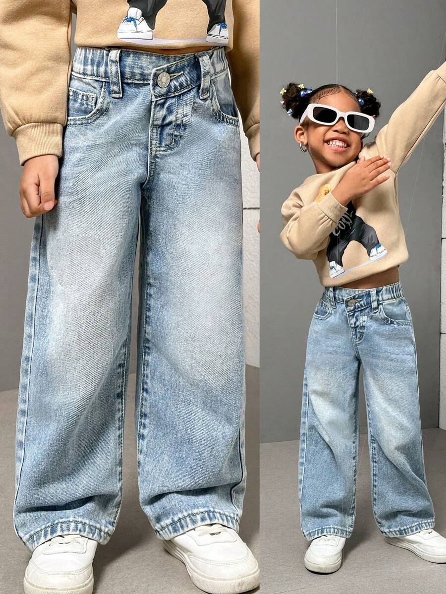 Young Girl Simple Button Front Pocket Casual Denim Jeans, School, Campus, College - Light Wash - View 1