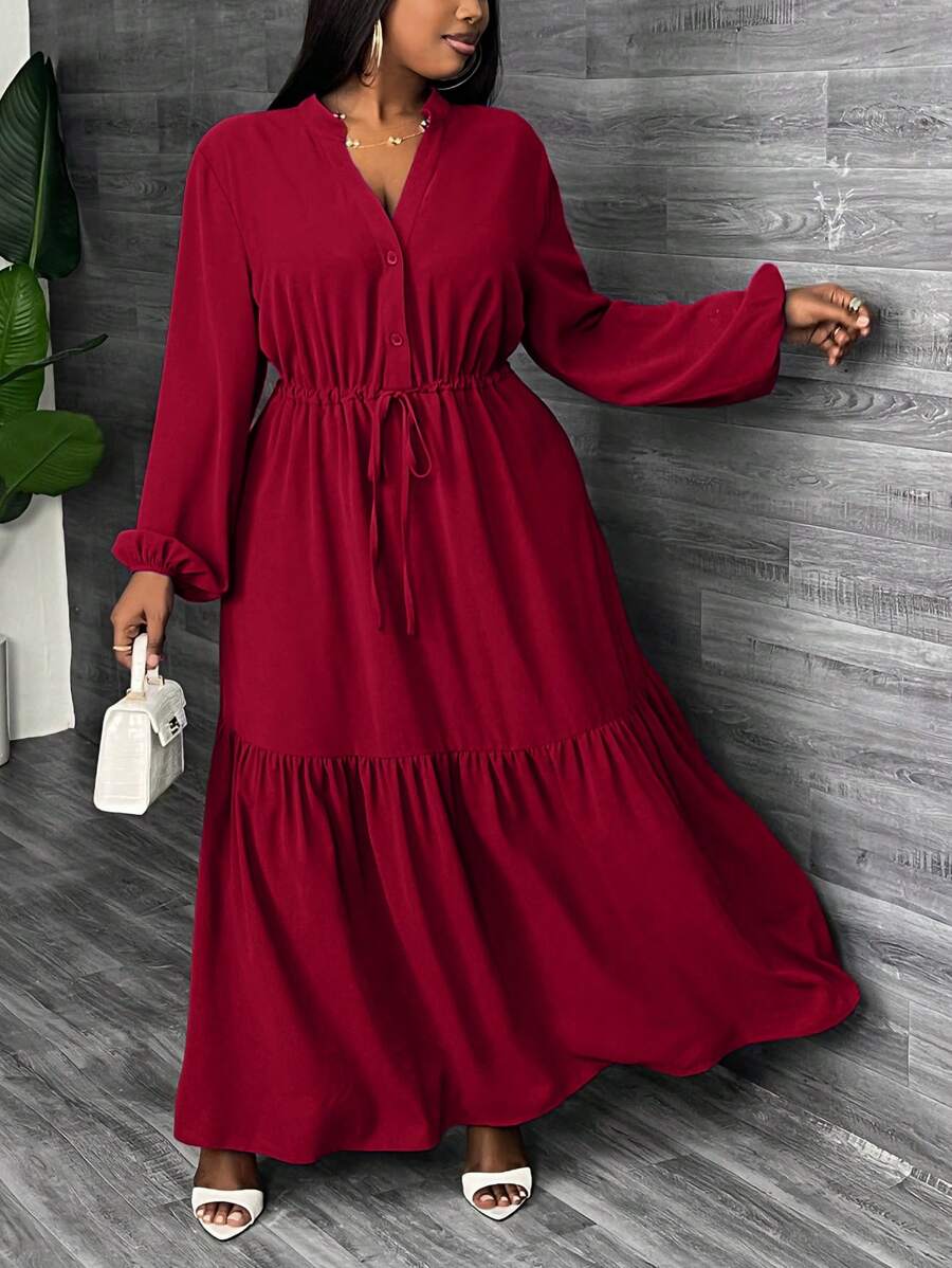 Slaydiva Plus Elegant,Casual & Party Solid Long Sleeve V-Neck A-Line Dress With Drawstring Waist, Hem Splicing Details For Women, Spring/Autumn - Burgundy - View 1