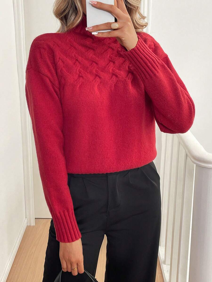 Chiquease Women Burgundy High Neck Long Sleeve Sweater, Knit Pullover Fall Winter - Burgundy - View 1