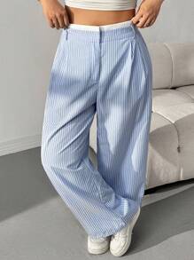 SHEIN EZwear Pantalones rectos con cintura a rayas azules y blancas en talla grande