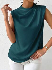 RosyDaze 休闲缎面不对称褶皱无袖衬衫，夏季 - 水鴨藍 - 查看 4