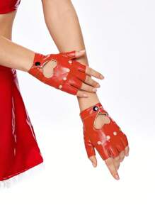 ROMWE 1pair Women's All Season Goth Style Red Fingerless Hollow Heart Gloves - Red - View 2