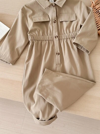 SHEIN LMoss Kids LMoss Newborn Baby Girl Solid Color Khaki Cute Jumpsuit With Long Pants, Autumn & Winter