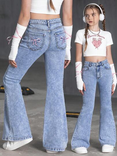 SHEIN Explorewe Tween Girl Casual Simplistic Cute Sweet Elegant Pocket Design Pink Bow Embroidery Washed Denim Flare Pants,Holiday,Summer,Travel Summer Holiday