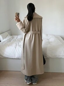 SHEIN EZwear Women's Long Fluffy Collar PU Patchwork Regular Jacket, Fall & Winter - Apricot - View 2