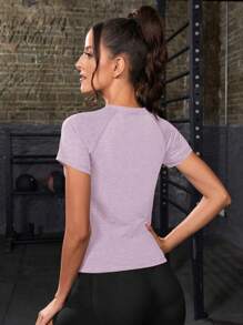 Powerista Camiseta deportiva de mujer de cuello redondo con estampado de letras y manga corta, top de tirantes para entrenamiento de verano, camisetas de gimnasio