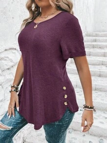SHEIN Clasi 大码女式秋季纯色圆领短袖侧扣装饰休闲 T 恤 - 紫色 - 查看 1