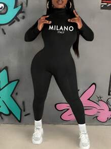 Slaydiva Milano Slogan Print Turtleneck Long Sleeve Jumpsuit For Women, Casual & Minimalist Style, Suitable For Fall And Winter