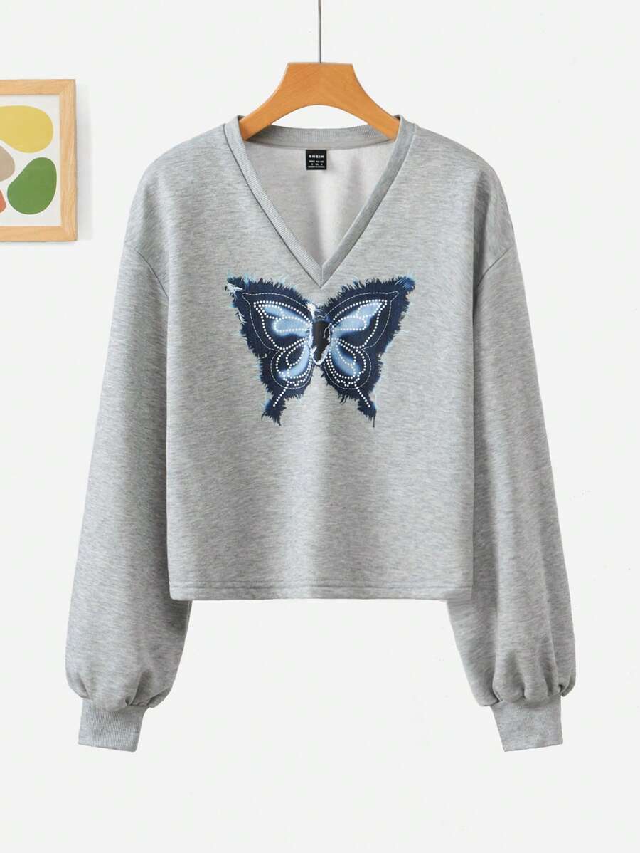Seusyu Women's Butterfly Print Casual Pullover Sweatshirt - Grey - View 1