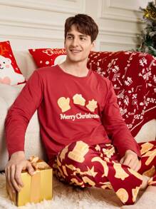 Happy Jammies 2 件套男士圣诞主题印花圆领长袖睡衣套装 - 紅色 - 查看 1
