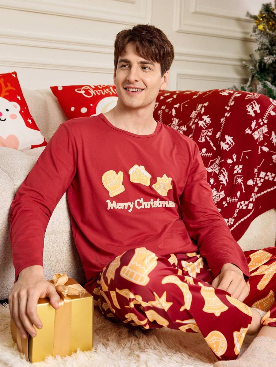 Happy Jammies 2 件套男士圣诞主题印花圆领长袖睡衣套装 - 紅色 - 查看 1