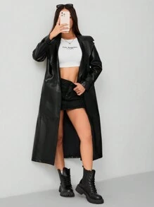 SHEIN PETITE Women's PU Trench Coat Long Coat In Fall/Winter - Black - View 3