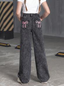 SHEIN 女童正面纽扣多口袋蝴蝶结刺绣星星牛仔裤