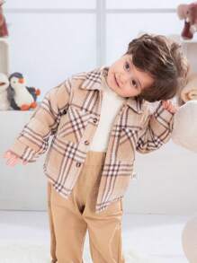 SHEIN Áo khoác in họa tiết caro dài tay cài nút túi trước cho bé trai - Màu Khaki - Xem 3
