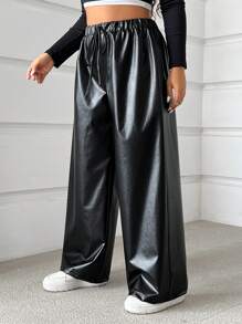 SHEIN EZwear 大码黑色 PU 抽绳休闲宽松裤 - 黑色 - 查看 6