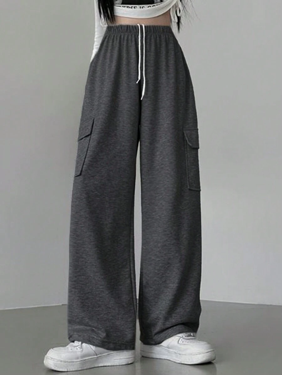 DAZY 女式抽绳腰带口袋阔腿宽松休闲运动运动裤女式慢跑裤 - 深灰色 - 查看 1